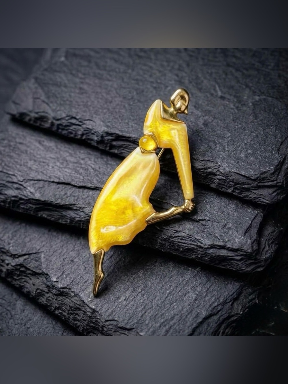 Vintage 80s Park Lane Iridescent Yellow Resin Flapper Dancer Gold Tone Brooch